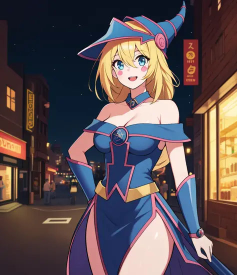 ((masterpiece)), (best quality:1.7), (detailed:1.4), (high res:1.4), 8k, (colorful:1.5), 2d, high resolution, sharped image, 4k, hd, dark_magician, 1girl, solo, long hair, looking at viewer, smile, open mouth, blue eyes, blonde hair, large breasts, big bre...