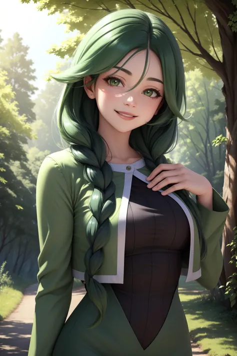 masterpiece, best quality, cheryl, hair over shoulder, single braid, green jacket, long dress, upper body, looking at viewer, smile, forest, trees, sky, sun 