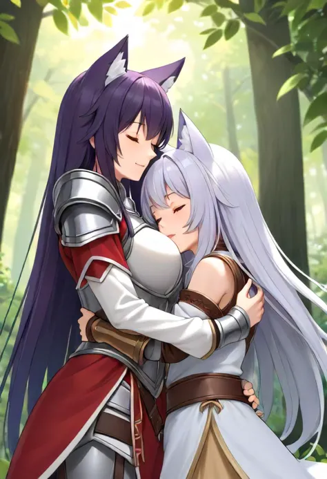 extremely detailed, intricate details, ,detailed_background,outdoors,closed mouth,atelier-moo,mana \(our battle has just begun!\),black hair,shoulder armor,nature,arms around neck,open mouth,breasts,wolf ears,from below,sleeping on person,our battle has just begun!,highres,smile,wolf girl,lap pillow,tree,narrow waist,animal ears,bare shoulders,the end \(phrase\),purple hair,looking down,armor,long sleeves,very long hair,long hair,faceless,short hair,large breasts,detached sleeves,1boy,forest,1girl,brown eyes,sleeping,oma \(our battle has just begun!\)