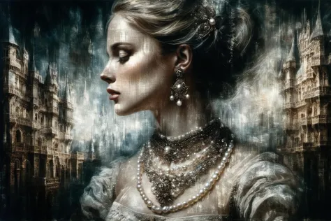 a 4D Double Exposure: portrait of a ((transparent woman with a double exposure castle city in her head)), in renaissance attire castle backdrop, oil painting, 3/4 profile view,  ornate pearl necklaces, sumptuous fabrics, detailed embroidery, moody chiaroscuro lighting, high-resolution