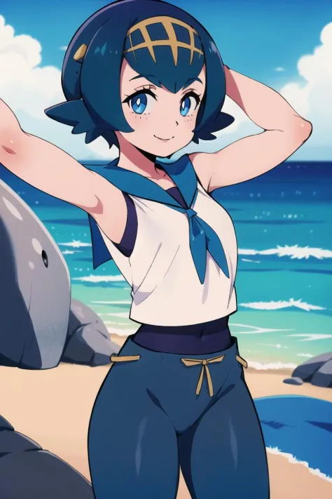 ((masterpiece,best quality)), absurdres,
<lora:Lana_Pokemon:0.8>, Lana_Pokemon, sailor collar, sleeveless shirt, blue pants,
solo, smiling, looking at viewer, cowboy shot,
tropical background, cinematic composition, dynamic pose,