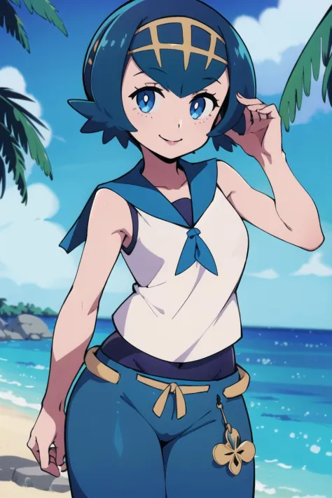 ((masterpiece,best quality)), absurdres,
<lora:Lana_Pokemon:0.8>, Lana_Pokemon, sailor collar, sleeveless shirt, blue pants,
solo, smiling, looking at viewer, cowboy shot,
tropical background, cinematic composition, dynamic pose,