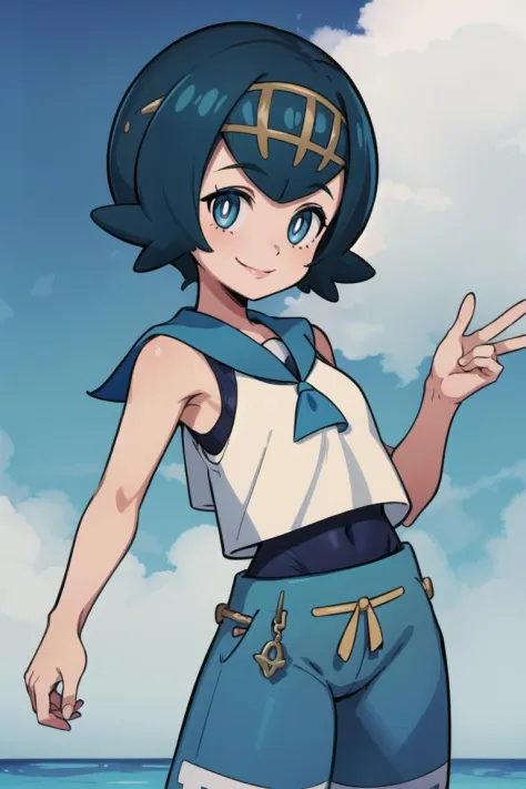 ((masterpiece,best quality)), absurdres,
Lana_Pokemon, 
1girl, solo, curvy, short blue hair, blue eyes, yellow hairband, white shirt, sleeveless, blue sailor collar, blue pants, bright pupils, swimsuit under clothes,
solo, smiling, looking at viewer, cowboy shot, side view, 
cinematic composition, contrapposto,