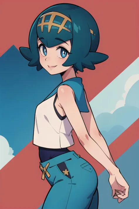 ((masterpiece,best quality)), absurdres,
Lana_Pokemon, 
1girl, solo, curvy, short blue hair, blue eyes, yellow hairband, white shirt, sleeveless, blue sailor collar, blue pants, bright pupils, swimsuit under clothes,
solo, smiling, looking at viewer, cowboy shot, side view, 
cinematic composition, contrapposto,