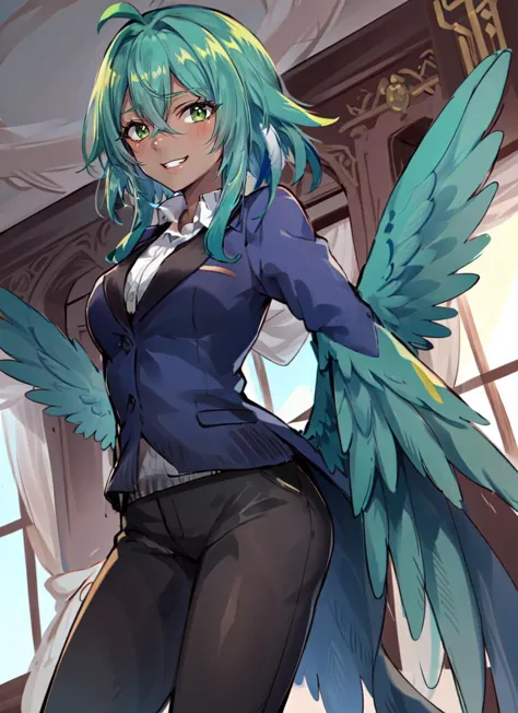 ((best quality)), ((highly detailed)), masterpiece, absurdres, (detailed eyes, deep eyes), (1girl), dynamic pose, cowboy shot, wide shot, anzhctuxedo, suit jacket, suit pants, ((harpy)), (((feathered wings))), wings, (peacock feathers:1.33, green eyes, regal, royalty, royal blue hair, dark skin:1.3, eye liner:1.3, lipstick), (feathered tail), playful grin, (indoors, in a gym)