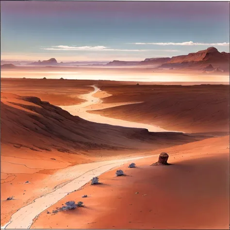 a painting of a desert with a river running through it