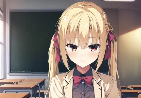 anime girl with ponytails and bow tie in classroom with blackboard