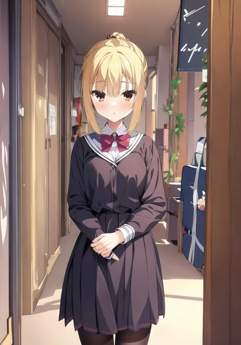 anime girl in a school uniform standing in a hallway