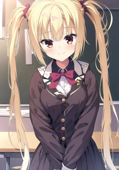 anime girl with long blonde hair and a bow tie