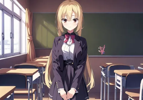 anime girl standing in front of a classroom with desks and a chalkboard