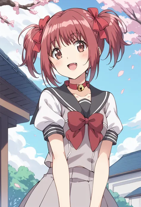 anime girl with red hair and a white shirt and a red bow