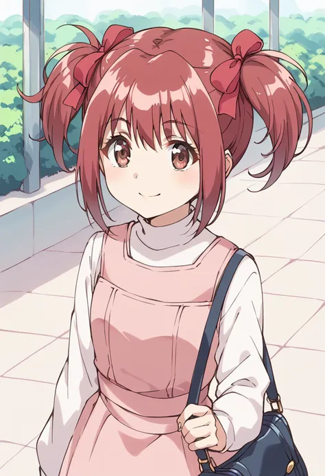 anime girl with red hair and a pink dress holding a purse