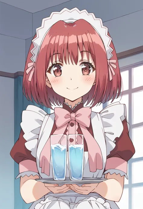 score_9, score_8_up, score_7_up, source_anime BREAK
momomiya ichigo, waitress, maid, tray, 1girl, smile, brown eyes, short hair, maid headdress, solo, red hair, glass, looking at viewer, blush, holding tray, maid apron, red eyes, pink hair, bowtie, pink bow, drinking glass, closed mouth, red dress, water, enmaided, hair ribbon, frills, puffy short sleeves, pink ribbon, white apron, eyebrows visible through hair, pink neckwear, pink eyes, bangs, plate, upper body, eyelashes, indoors
<lora:mew_ichigo_momomiya_ichigo_sdxl_locon_pony_v1:0.7>