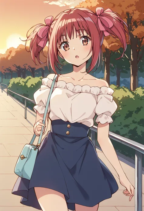 score_9, score_8_up, score_7_up, source_anime BREAK
momomiya ichigo, 1girl, solo, twintails, pink hair, handbag, brown eyes, short hair, short twintails, pink eyes, bare shoulders, open mouth, casual, blue skirt, hair bow, off shoulder, sunset, :o, collarbone, looking at viewer, red hair, standing, outdoors, hair ribbon, sky, red eyes, short sleeves, railing, blouse, eyelashes, off-shoulder shirt, blush, white shirt, orange sky, pink bow, dress, shoulder bag, cloud, sidelocks, autumn, bangs, high-waist skirt, blurry background, hair ornament, puffy sleeves, evening, tree, anime coloring
<lora:mew_ichigo_momomiya_ichigo_sdxl_locon_pony_v1:0.7>