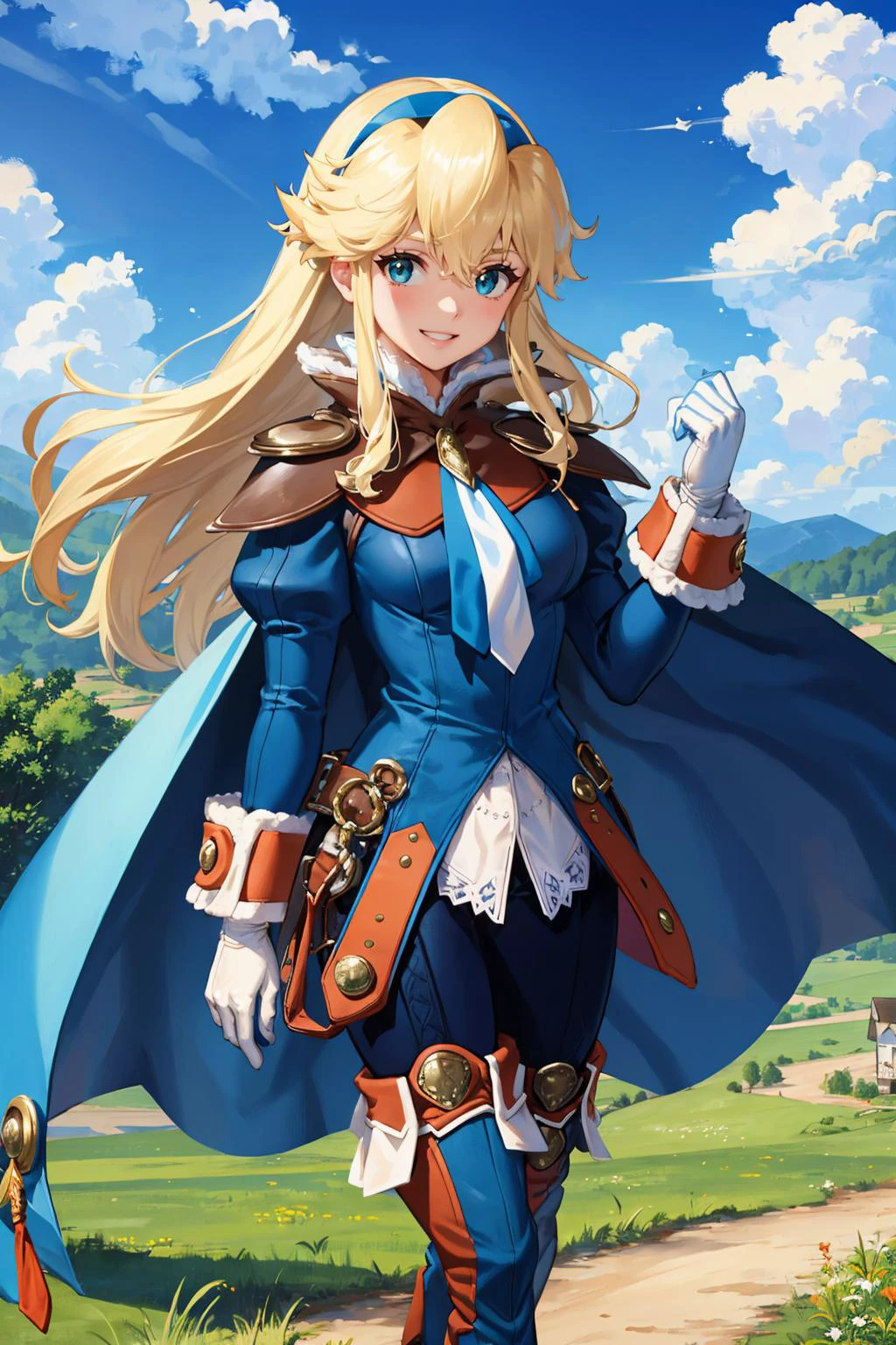 masterpiece, best quality, 1girl, clarissa arwin, hairband, low-tied long hair, white ascot, blue cape, blue and orange coat, puffy sleeves, white gloves, blue pants, thigh boots, upper body, looking at viewer, grin, blue sky, trail, hillside, countryside, clouds