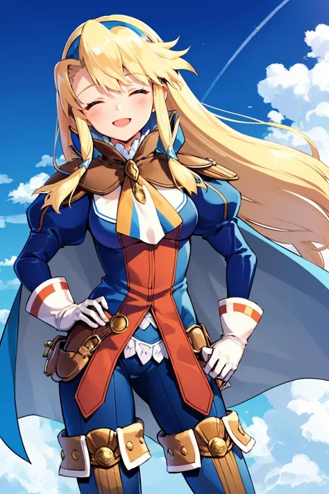 a woman in a blue and red outfit standing in front of a blue sky