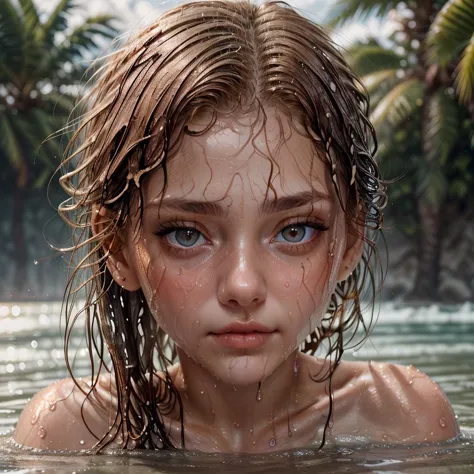 there is a young girl that is in the water with wet hair