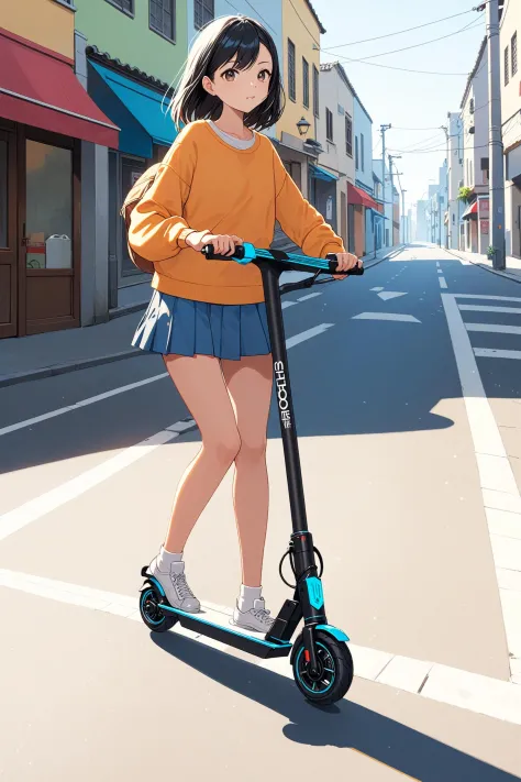 anime artwork 2D, 1girl, electric scooter, standing, motion lines, road, Riding a electric scooter down the street . anime style...