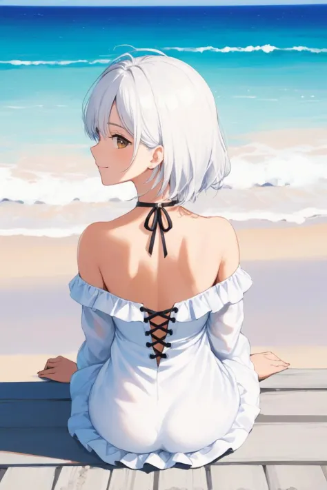 1girl, solo, white hair, black eyes, upper body, smile, detailed scenery, ocean, A woman is standing in the center with her back to the beach. , focus face, crossed legs, sitting