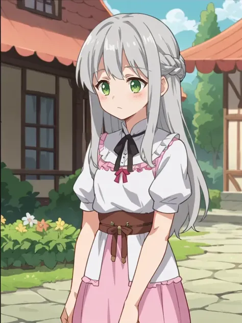 score_9, score_8_up, score_7_up, source_anime, 2D, flat colors, flat shadows, anime_screencap, <lora:lalabidunpony:1>,
1girl, solo, ciellalanciel, grey hair, long hair, hair down, green eyes, fantasy medieval clothing, outdoors, village, cowboy shot