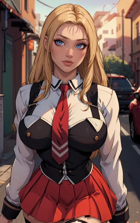 anime girl in uniform walking down a street with a red tie