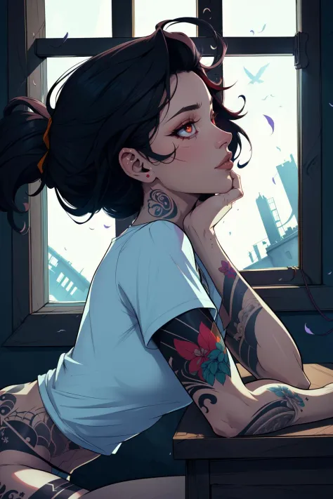 (masterpiece, best quality, absurdres, 4k, aesthetic, detailed, intricate, perfect lighting),cinematic angle,cinematic lighting,1girl,upper body,from side,leaning forward,elbow rest,open window,windowsill,wind gust,panties,t-shirt,pale skin,black hair,messy hair,(arm tattoo,thigh tattoo), tattoo