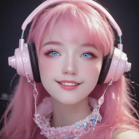 a close up of a person with pink hair wearing headphones