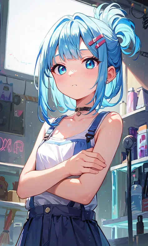 anime girl with blue hair and blue eyes in a store