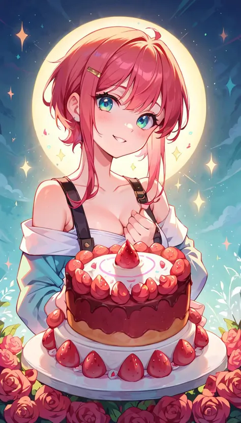 a woman with a cake in her hand and a moon in the background