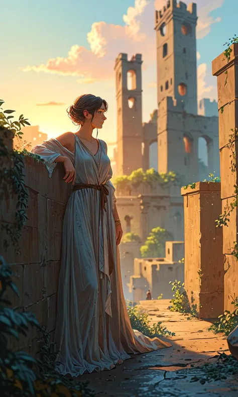 a woman in a long dress standing in front of a castle