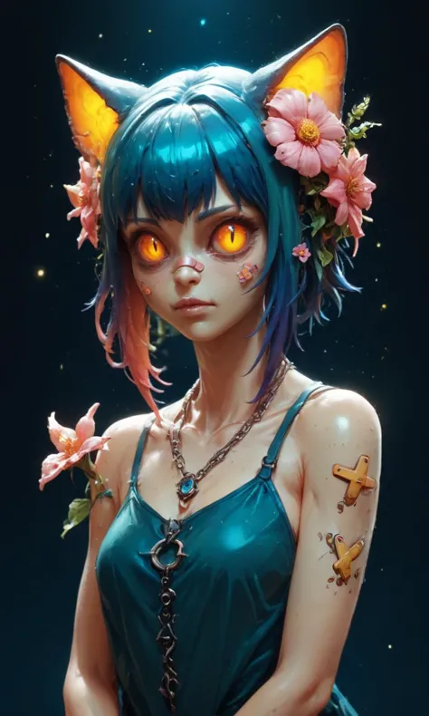 a woman with blue hair and a cat ears with flowers in her hair