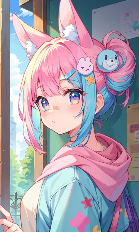 anime girl with pink hair and blue eyes and a pink scarf