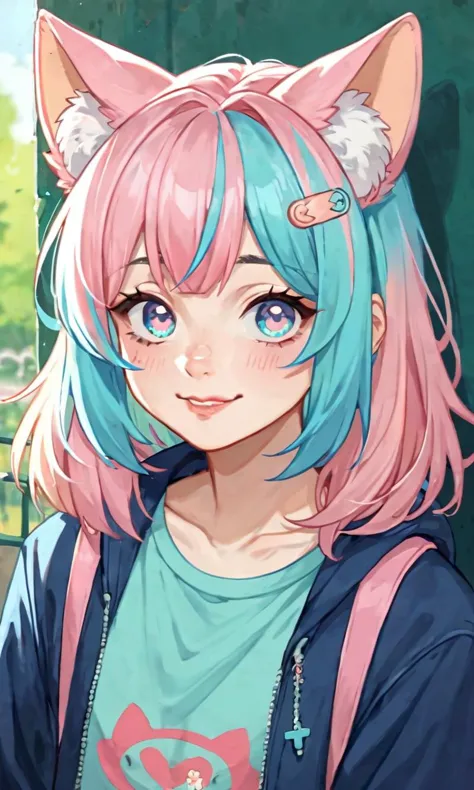 anime girl with pink hair and blue eyes wearing a cat ear