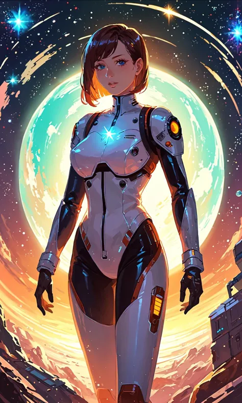 a woman in a futuristic suit standing in front of a planet