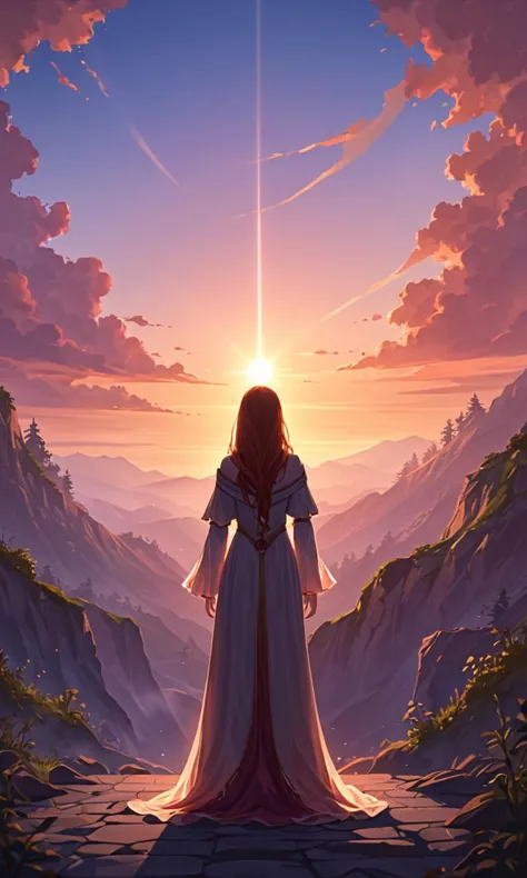 a woman in a long dress standing on a rock looking at the sun