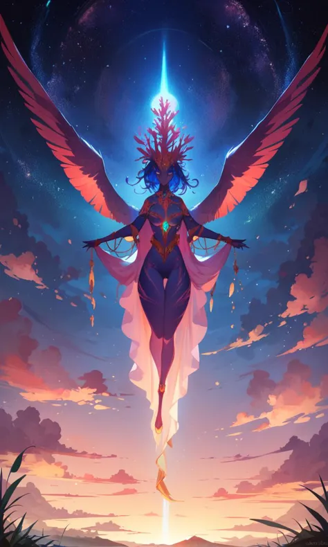 a woman with wings flying through the sky with a star in her hand