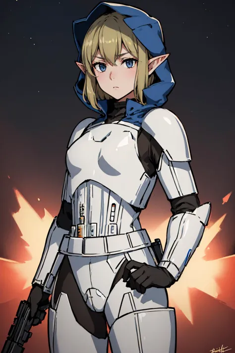 (masterpiece, best quality:1.2), solo, 1girl, ryuu, expressionless, looking at viewer, pointy ears, hood, StormTrooper, armor <lora:ryuulion-nvwls-v1:0.8> <lora:CONCEPT-StormTrooper:1>