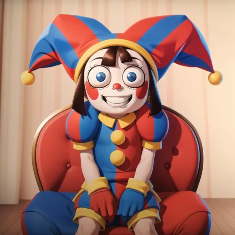 pomni, solo, gloves red and blue, hat, pom pom (clothes), facepaint, jester cap, clown, sitting on chair, smiling, clenched teeth