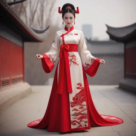 a woman in a red and white dress standing in a courtyard