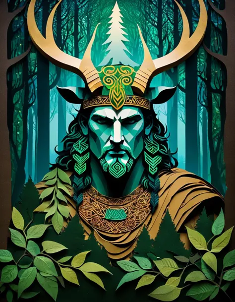 a close up of a painting of a man with horns in a forest