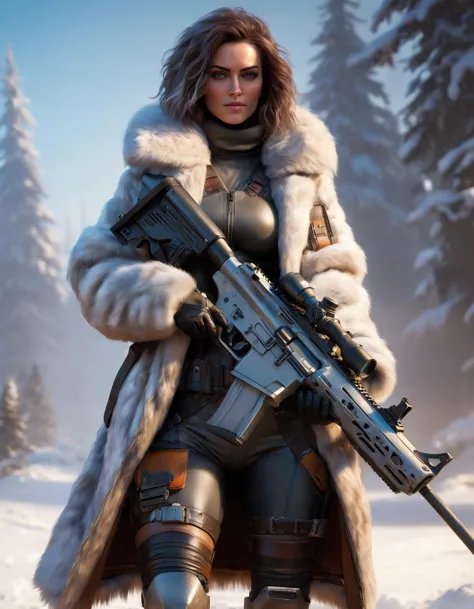 a woman in a fur coat holding a rifle, concept art by senior character artist, cgsociety, antipodeans, cgsociety 9, loba andrade...