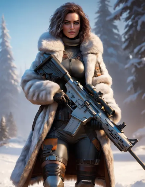 a woman in a fur coat holding a rifle in a snowy forest