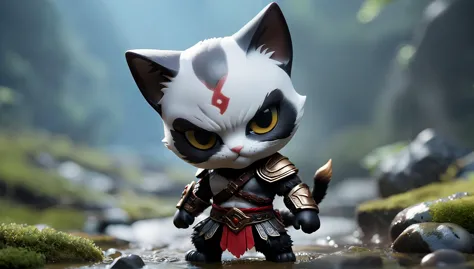 a close up of a cat with a sword in a stream