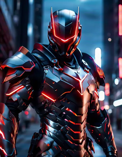 photo cinématique d'un homme en costume avec des lumières rouges, tendance sur Unreal Engine, vêtu d&#39;une cyber-armure, armure noire, Fond de foudre, par Ben Enwonwu, ultra vue, corbeau en cyberarmure, héros masculin musclé, Visière opaque, corps en métal gris . photographie 35 mm, film, bokeh, professionnel, 4k, très détaillé