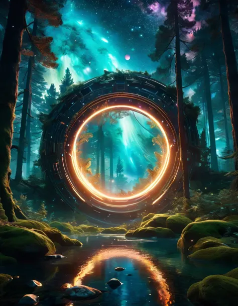 Space-themed Hyperrealistic art fantasy forest landscape, a magic  portal in the forest, a detailed matte painting by Mike Winke...