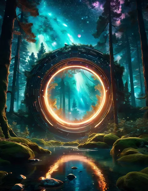 Space-themed Hyperrealistic art fantasy forest landscape, a magic  portal in the forest, a detailed matte painting by Mike Winkelmann, cgsociety, fantasy art, forest portal broken galaxy, inspired by Adam Martinakis|Emmanuelle Moureaux, color photo . Cosmic, celestial, stars, galaxies, nebulas, planets, science fiction, highly detailed