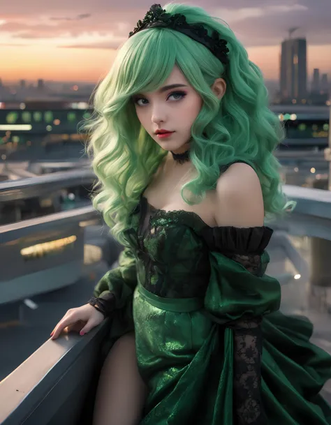 Hyperrealistic art a close up of a person with a green wig and a evening dress, in future airport rooftop, better known as amouranth, ultrarealistic girl, black evening dresses, japanese cgi, leaked photo, panoramic view of girl, thick thighs, blockout, 1 8 yo, . Extremely high-resolution details, photographic, realism pushed to extreme, fine texture, incredibly lifelike