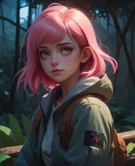 a portrait of a cute jungle explorer, dark jungle setting, vivid colors, soft lighting, atmospheric, cinematic, moody, in the st...