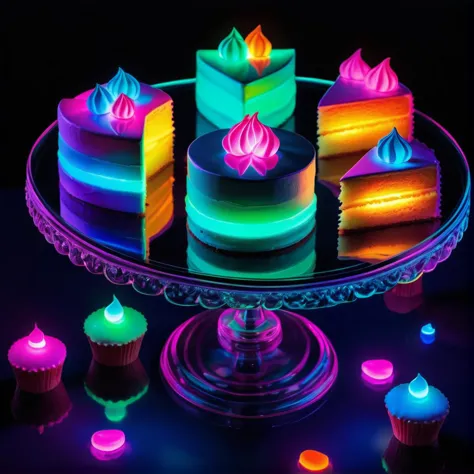 neon cakes on a glass table, bioluminescent, colorful, glow, Appetizing, professional, culinary, high-resolution, commercial, hi...