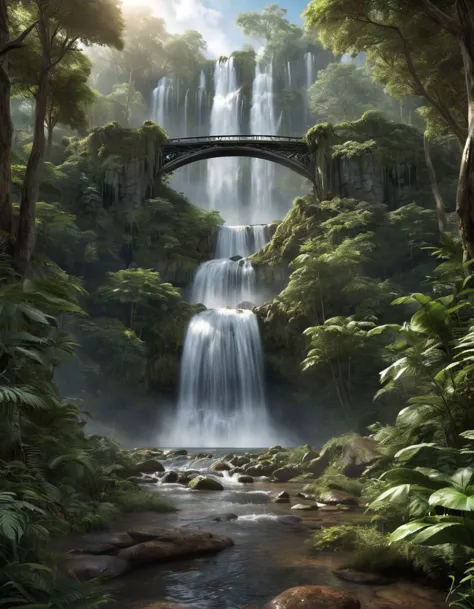 Hyperrealistic art a waterfall in the forest with a bridge over it, a matte painting by Michael James Smith, shutterstock contest winner, magic realism, beautiful stunning waterfall, peaceful beautiful waterfall, stunning waterfall . Extremely high-resolution details, photographic, realism pushed to extreme, fine texture, incredibly lifelike